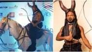Epic moment Broda Shaggi arrived on a horse, dressed like a 'beastly hunter' to Femi Adebayo's film premiere