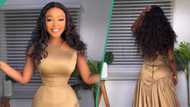 Lady slays in classy dress, displays tiny waist and curves, gets mixed reactions: "This is scary"