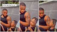 Cute baby girl with nicely braided hair tearfully points finger at her dad, warns him seriously in viral video