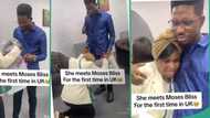 Video shows emotional moment lady knelt before Moses Bliss as she meets him in UK for the first time