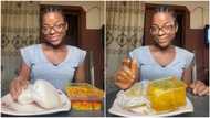 Nigerian lady finishes 2 big wraps of fufu with full plate of egusi soup, photos spark reactions