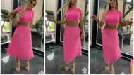 Beautiful lady in pink outfit shows off gentle dance moves, slowly shakes her waist in cute video