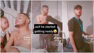 Lady tricks her husband, wakes him up before work time, says he's late, man quickly wears his clothes