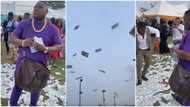 Guests, newlywed couple in disbelief as Cubana Chiefpriest floods entire dance floor with wads of naira