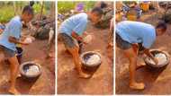 "Hardworking princess": Lady with fair-skin dances while moulding Akpu inside mortar, video goes Viral