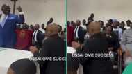 Delta commissioner kneels with two legs before governor at public event, Nigerians react