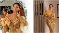 Wedding guest fashion: BBNaija Tacha attends Sandra Iheuwa's big day in stunning gold dress