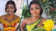 Bride dazzles in beaded round-neck kente gown with tassel sleeves, gets netizens mesmerised