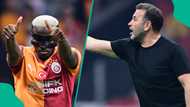 Galatasaray coach Okan Buruk reacts after Victor Osimhen scores on his 50th appearance