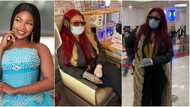 Coronavirus: BBNaija's Tacha wears facial mask and gloves as she flies to the UK (photos)