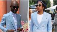 "Low budget Itsekiri Jay Z": Reactions as Mr Jollof sports similar look with American rapper