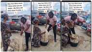 Young man approaches female cornseller and shows kindness towards her by giving her cash in video
