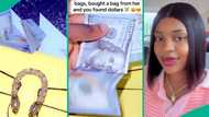 Lady excitedly displays dollars she found in bag she bought from thrift vendor, Nigerians amazed