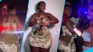 Hajia Bintu flaunts huge backside as she dances in pale gold velvet mini dress