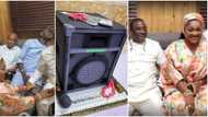KWAM 1 at 65: Mercy Aigbe goes down on both knees to greet singer at birthday party, gifts him huge cake