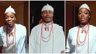 Fans amused as media personality Tomike replicates Asake's traditional look in new post