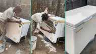 "I charge only N15,000": Talented lady who transforms old fridge into new one with fine paint trends