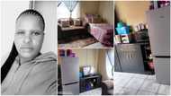 Lady rents 1 room, arranges it to look like "paradise" with new fridge, flat screen TV & centre rug