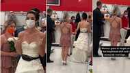 "Na by force?" Lady in wedding gown storms boyfriend's workplace with pastor and bridesmaid, demands marriage