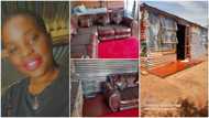 Lady shares photos of house built with iron sheets, puts chairs, kitchen cabinets, looks like "paradise"
