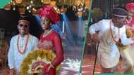 “God-fearing gele”: Netizens react to Moses Bliss’ wife’s headgear at trad wedding, videos trend