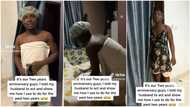 Husband acts like his wife does in the house, ties towel & wears shower cap, complains about everything