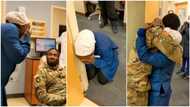 Nigerian man in US Army surprises wife at her workplace, makes her cry tears of joy in video