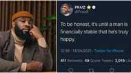 Fans react as singer Praiz claims a man without money is not truly happy