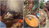 "No meat inside": Actor John Dumelo seen cooking 'sapa' jollof on his farm, uses firewood like village man