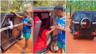 "He's gifted": Comedian Mama Uka meets Enugu boy who built 'G-Wagon', video shows him taking a ride in the car