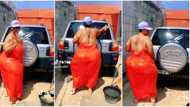 "This is too much": Very curvy lady in red gown shakes waist gently as she washes car, video trends on Tikok