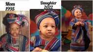 27 years later, baby girl recreates beautiful photo of her mum at age 1, clutches big chicken meat