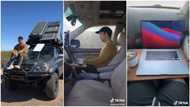 Oyinbo man abroad who lives inside his car turns it into office and works from there, video goes viral