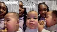 Nigerian food dey im blood: Reactions as woman feeds oyinbo kid with eba & okro in video, child grabs her hand