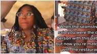 "Na to turn am to photoshoot": Hilarious reactions as lady turns up in matching ankara with chairs