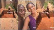 Beautiful lady shows love to boyfriend digging soakaway on site, takes food to him in video