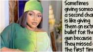 Actress Mercy Aigbe preaches against 2nd chances, says it is like giving someone extra bullets