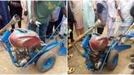 Innovative Nigerian man converts motorcycle to tractor, displays how it works, people gather, admire it