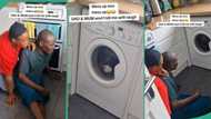 Nigerian man and his wife who visited abroad watch washing machine in their son's house