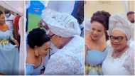 So humble: Actress Sola Sobowale goes down on both knees to greet Iya Awero at star-studded birthday party