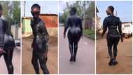 Celebrity recreation: Ghanaian comedian replicates actress Destiny Etiko's black leather look in new video