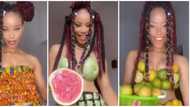 Internet users in awe as lady uses fruits, vegetable to make beautiful dresses