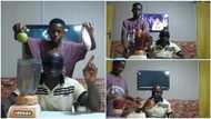 Father and kid play smoothie game, son blends raw fish, watermelon, others for him, he spits it out in video