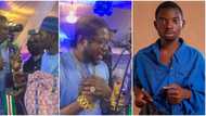 Drama as Abul Abel holds gold chain tightly to his chest after spotting skit maker Erekere at a party