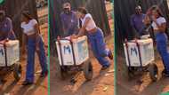 Very beautiful lady stylishly plays with male hawker, collects Ice cream from him
