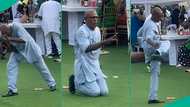 Elderly man performs breakdance at wedding reception, his energetic moves generate buzz