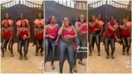 Beautiful triplet sisters in long braids dance with their triplet friends, shake waists gently in video