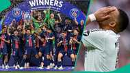 Kylian Mbappe reacts after PSG wins first-ever Champions League title