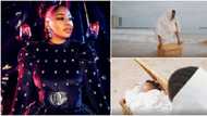 Toyin Lawani places daughter in a basket by seaside, fights like Jackie Chan in music video for 40th birthday