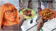 Pretty lady serves her gateman jollof, fried rice with meat and stew: "she did not show his face"